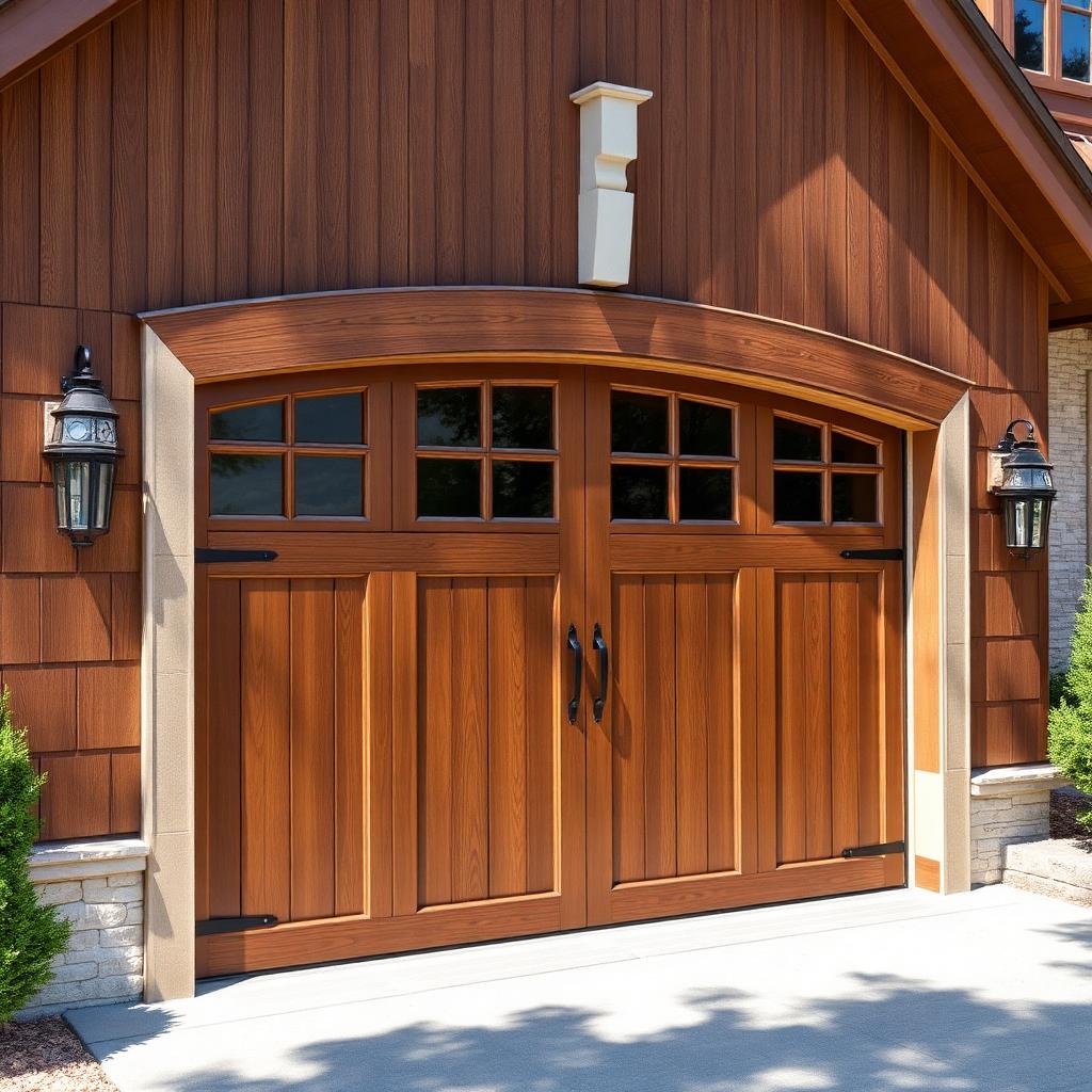 Beautiful carriage-style garage door with elegant wood texture and decorative hardware installed in Newberg