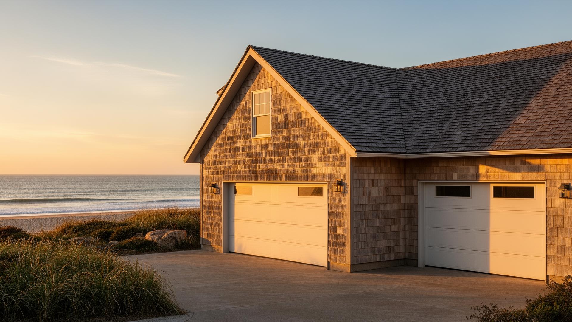 Beautiful coastal home with ranch style horizontal panel garage doors in warm afternoon light in Newberg Oregon