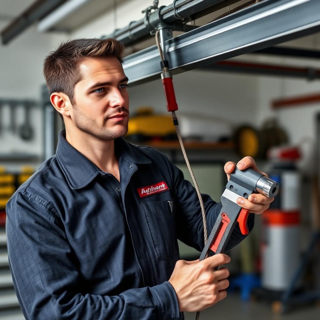 Professional garage door technician working on cable replacement in Newberg Oregon